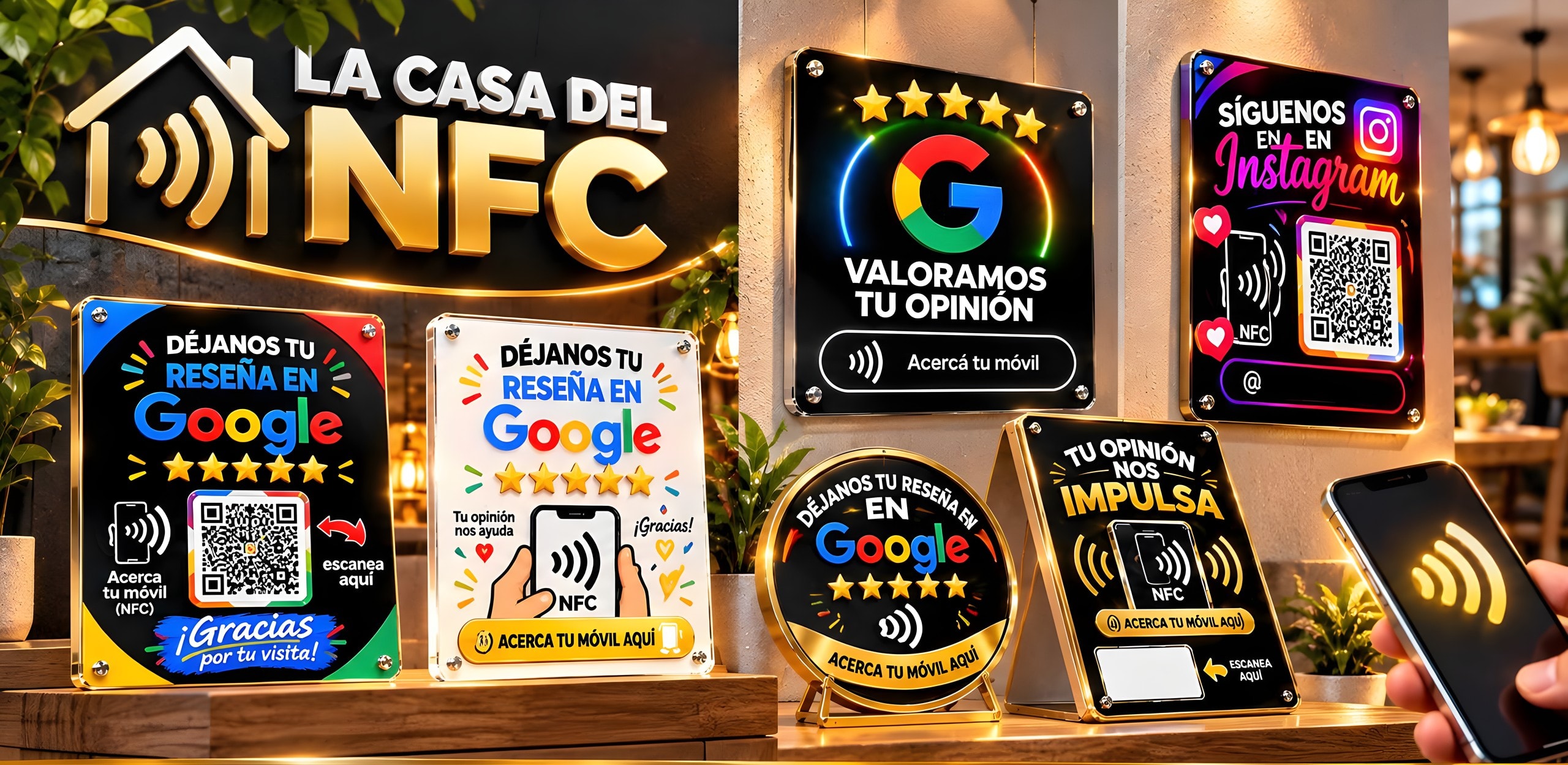 Placas y expositores NFC de La Casa del NFC expuestos en un negocio