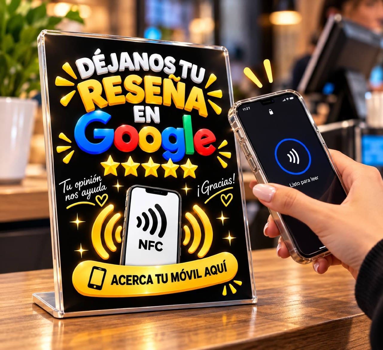 Cliente acercando el móvil a un expositor NFC de reseñas de Google en un mostrador
